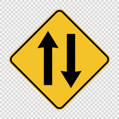 Two way traffic ahead sign on transparent background