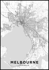 Melbourne (Australia) city map. Black and white poster with map of Melbourne. Scheme of streets and roads of Melbourne. - obrazy, fototapety, plakaty