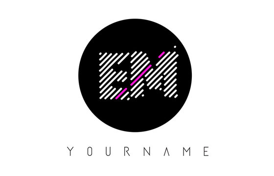 EM Letter Logo Design with White Lines and Black Circle