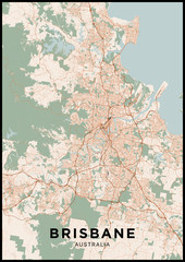 Brisbane (Australia) city map. Poster with map of Brisbane in color. Scheme of streets and roads of Brisbane. - obrazy, fototapety, plakaty