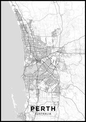 Perth (Australia) city map. Black and white poster with map of Perth. Scheme of streets and roads of Perth.