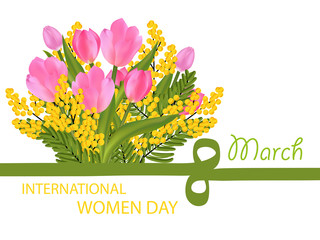 The Tulip and Mimosa bouquet, figure eight ribbon. Desing for March 8 International Women's Day with flowers. Vector
