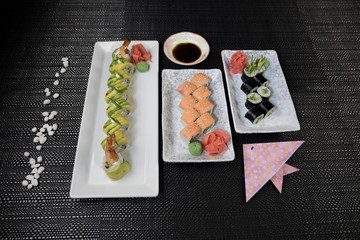 Japanese sushi set with ready to serve. Beautiful eastern style table decoration with sushi.
