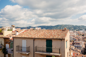 Scenic aerial view of old buildings with red roof, copy space