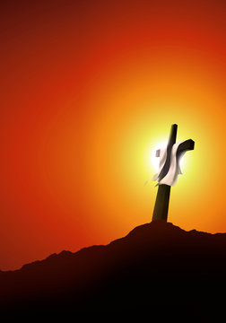Resurrection or crucifixion. Christian Easter concept. Landscape with cross at sunset. 3d illustration