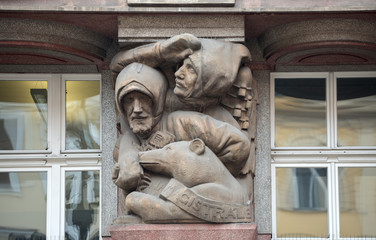 Facade  sculptures of old Rondocubism building in Prague, Czech Republic.