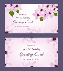 Background with cherry or sakura blossom. Set horizontal template greeting card or wedding invitation. Vector