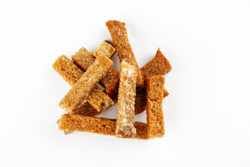 Spicy salted croutons on a white background