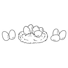 Easter eggs in bird's nest. Cartoon image doodle for coloring. Lineart sketch