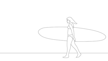girl with   surfboard vector illustration  lining draw profile 