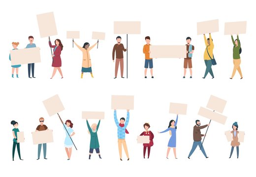 People protest. Male female activists with banners and placards in politics manifestation. Political activist vector characters set