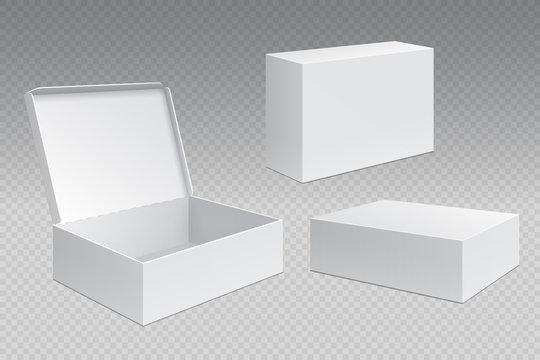 Realistic packaging boxes. White open cardboard pack, blank merchandising products mock up. Carton square container vector template