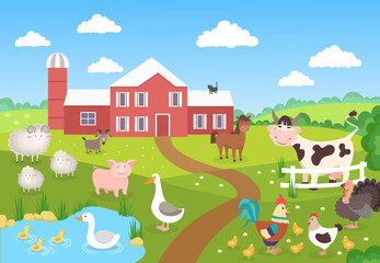 Farm animals with landscape. Horse pig duck chickens sheep. Cartoon village for children book. Farm background vector scene