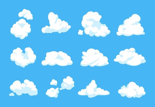 Cartoon clouds. Blue sky panorama heaven atmosphere vintage 2D fluffy white element flat cloudy shape. Vector cloud set