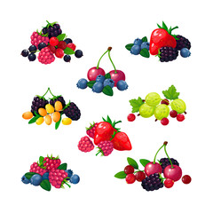 Fresh summer berries. Piles of raspberry currant strawberry gooseberry blackberry cranberry blueberry cartoon vector isolated set
