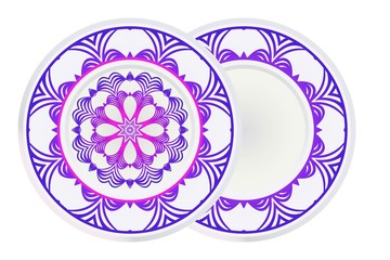 Mandala circular abstract floral lace pattern. Set of 2 matching decorative plates. Decorative mandala ornament. Vector illustration. Purple color