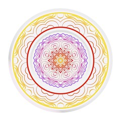 Decorative round mandala from floral elements. Vector illustration. Home decor, interior design. Set of 2 matching decorative plates for interior design. Purple, red, yellow gradient color