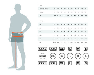 Measurements for clothing. Vector illustration of the dimensions of the male waist and hips. Size chart for men. Model template with international sizes can be used for male linen, clothes