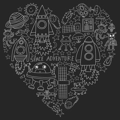 Vector set of space elements icons in doodle style. Painted, black monochrome, chalk pictures on a blackboard.