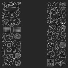 Vector set of space elements icons in doodle style. Painted, black monochrome, chalk pictures on a blackboard.