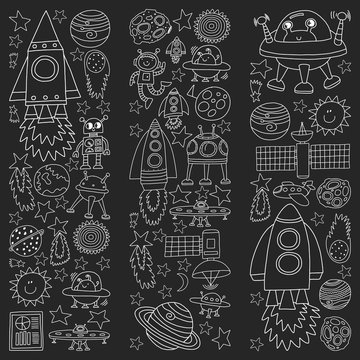 Vector set of space elements icons in doodle style. Painted, black monochrome, chalk pictures on a blackboard.