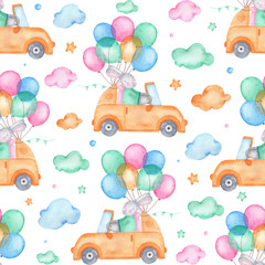 Watercolor seamless pattern happy easter cute bunny on car