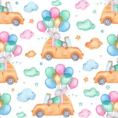 Printed roller blinds Animals in transport Watercolor seamless pattern happy easter cute bunny on car