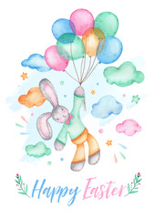 Watercolor happy easter bunny on air balloons with clouds