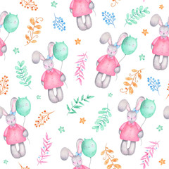 Lapin de fille mignonne aquarelle modèle sans couture joyeuses pâques avec des fleurs de ballons à air