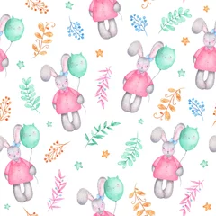 Cercles muraux Lapin Lapin de fille mignonne aquarelle modèle sans couture joyeuses pâques avec des fleurs de ballons à air