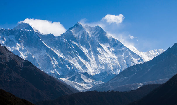 Roof of the World, mount Everest (left) view from Namche Bazaar village