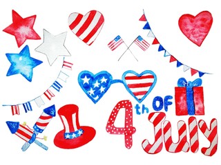 Watercolor set of elements, independence day of the USA, national holiday of patriotism, day of memory 
and freedom concept