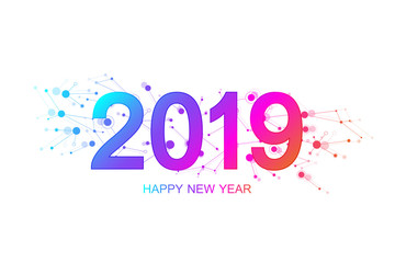 Merry Christmas and Happy New Year 2019 greeting card. Modern futuristic template for 2019. Waves flow, lines, particles, dots. Vector illustration