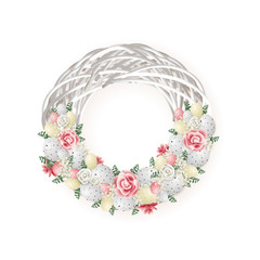 Decorated elegant Easter wreath with quail eggs flowers and other plants - pink white and green color