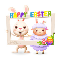 Fototapeta premium Easter animals - happy cute bunny and lamb celebrate Easter with social network photo frame - isolated on white background