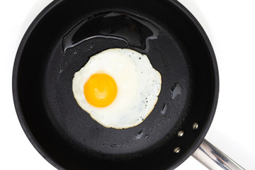 Top view of a sunny side up fried egg on a black pan isolated on a white background.