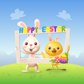 Easter animals - Happy cute bunny and chicken celebrate Easter with social network photo frame - spring landscape background