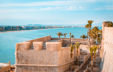 Palm tree gardens in Peniscola castle., an ancient village on the Mediterranean sea. Castellon province. Spain.