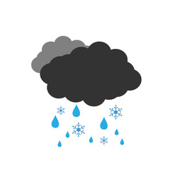 Symbol of a cloudy winter weather. Vector illustration of a dark cloud with rain and snowflake on a white background. Cartoon of clouds,raindrops and snowflakes.