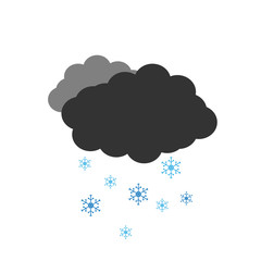 Symbol of a cloudy winter weather. Vector illustration of a dark cloud with snow on a white background. Cartoon of clouds and snowflakes.