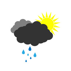Symbol of a clouds weather with sun and rain. Vector illustration on a white background. Cartoon of partly cloudy and rainy.