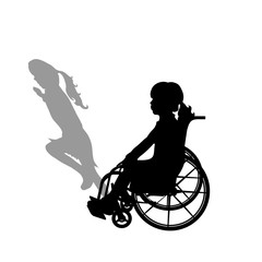 Fototapeta na wymiar Child on wheelchair with shadow of healthy child who rund away. Vector silhouette on white background. Illustration of girl recover symbol.