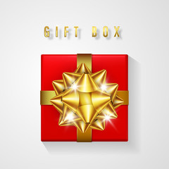 Red gift box with golden bow and ribbon top view. Element for decoration gifts, greetings, holidays. Vector illustration