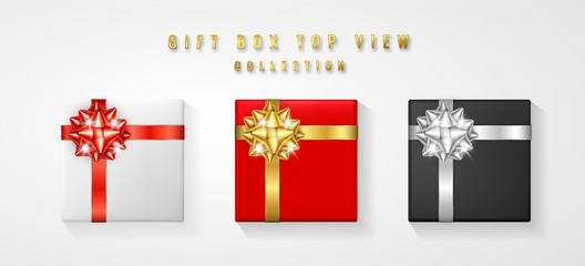 Set Gift box with bow and ribbon top view. Element for decoration gifts, greetings, holidays. Vector illustration