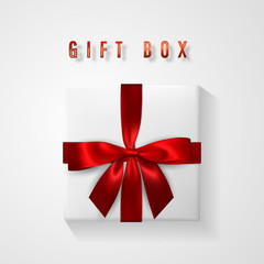 Set White Gift box with red bow and ribbon top view. Element for decoration gifts, greetings, holidays. Vector illustration