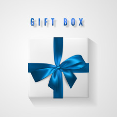 Set White Gift box with blue bow and ribbon top view. Element for decoration gifts, greetings, holidays. Vector illustration