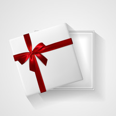 White Gift box with red bow and ribbon top view. Element for decoration gifts, greetings, holidays. Vector illustration