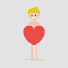 Young naked character holding big red heart.saint valentines day.flat design