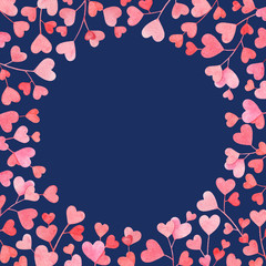Frame with watercolor branches with pink heart shaped leaves on blue background.