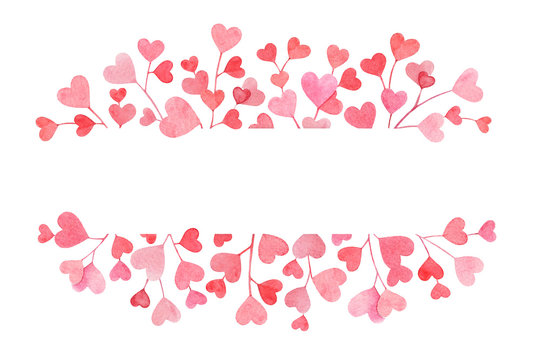 Romantic design with watercolor branches with pink heart shaped leaves isolated on white background.